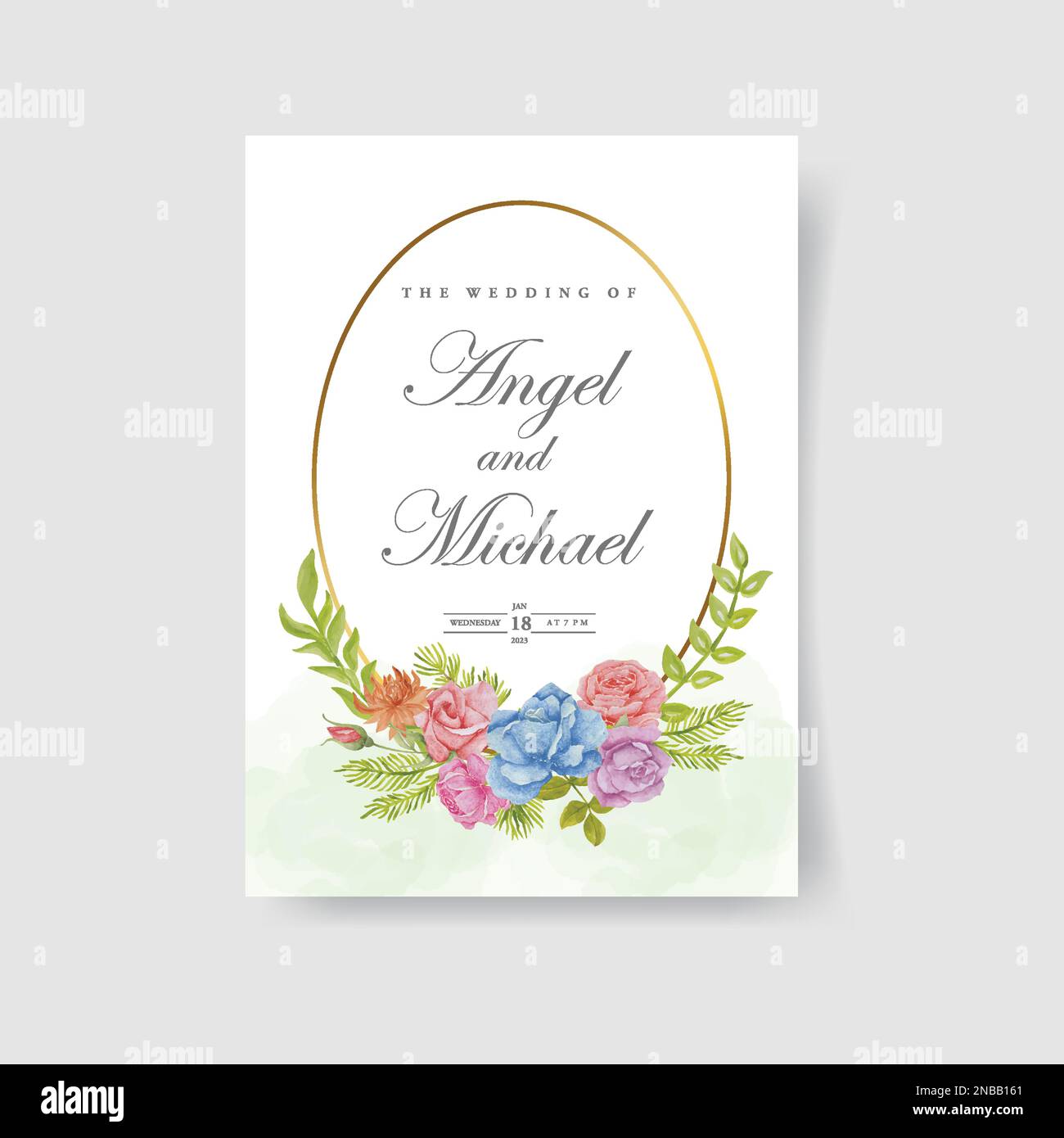 Elegante biglietto di invito per matrimoni con modello di foglie Premium. illustrazione del vettore acquerello Illustrazione Vettoriale