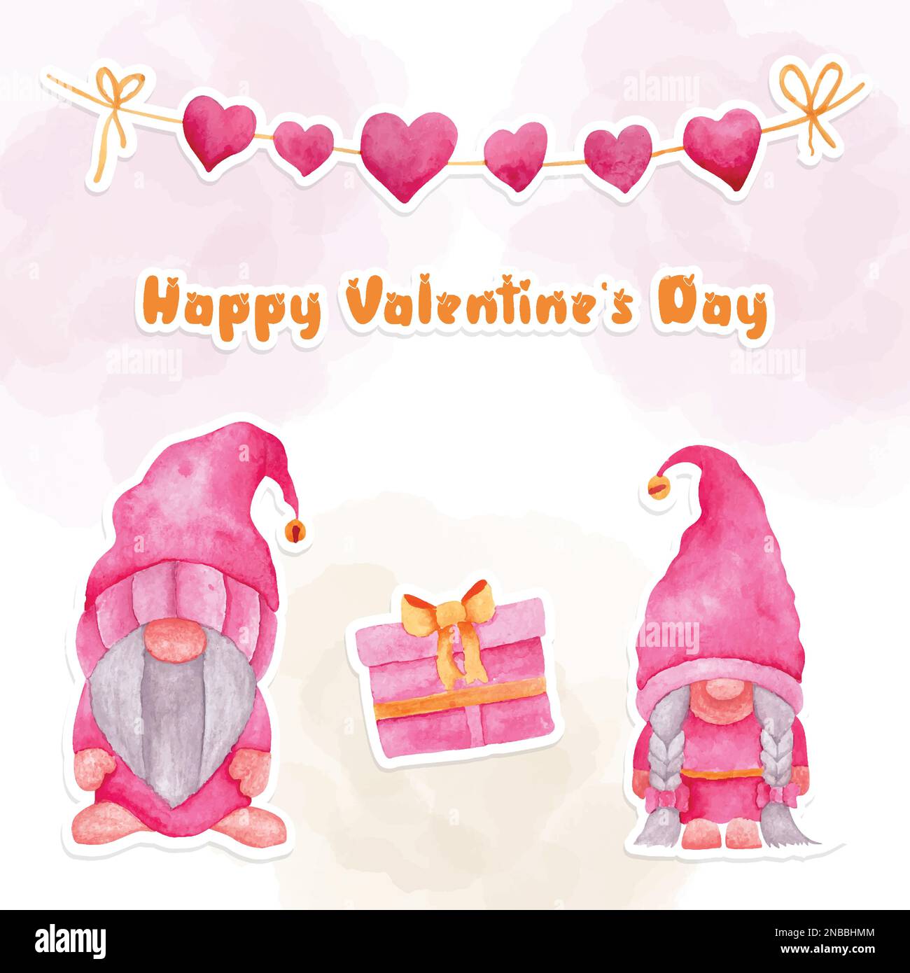 Illustrazione acquerello di Valentines gnomes. Carino coppia di elfi scandinavi in cappelli rosa, isolato su sfondo bianco. Pittura stile cartone animato. acquerello Illustrazione Vettoriale