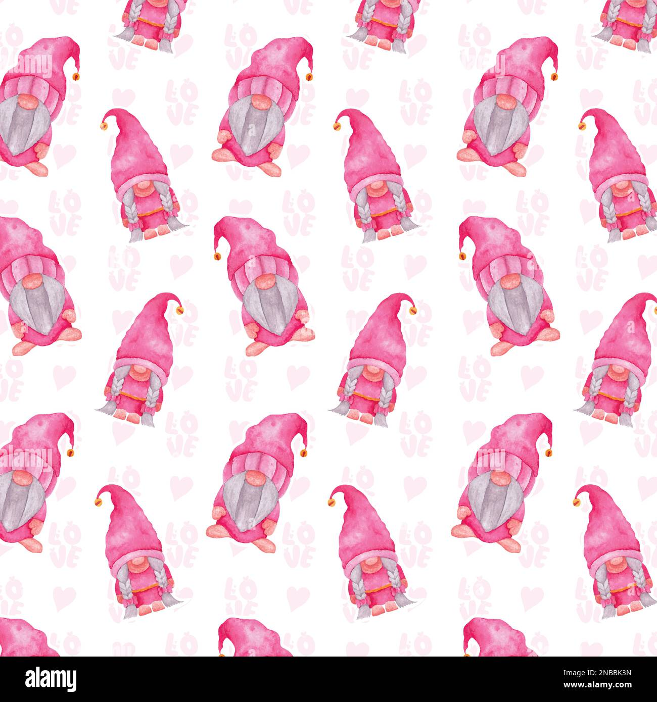 Modello senza cuciture di gnomi simpatici e diversi elementi per San Valentino, illustrazione disegnata a mano su sfondo bianco. illustrazione del vettore acquerello Illustrazione Vettoriale