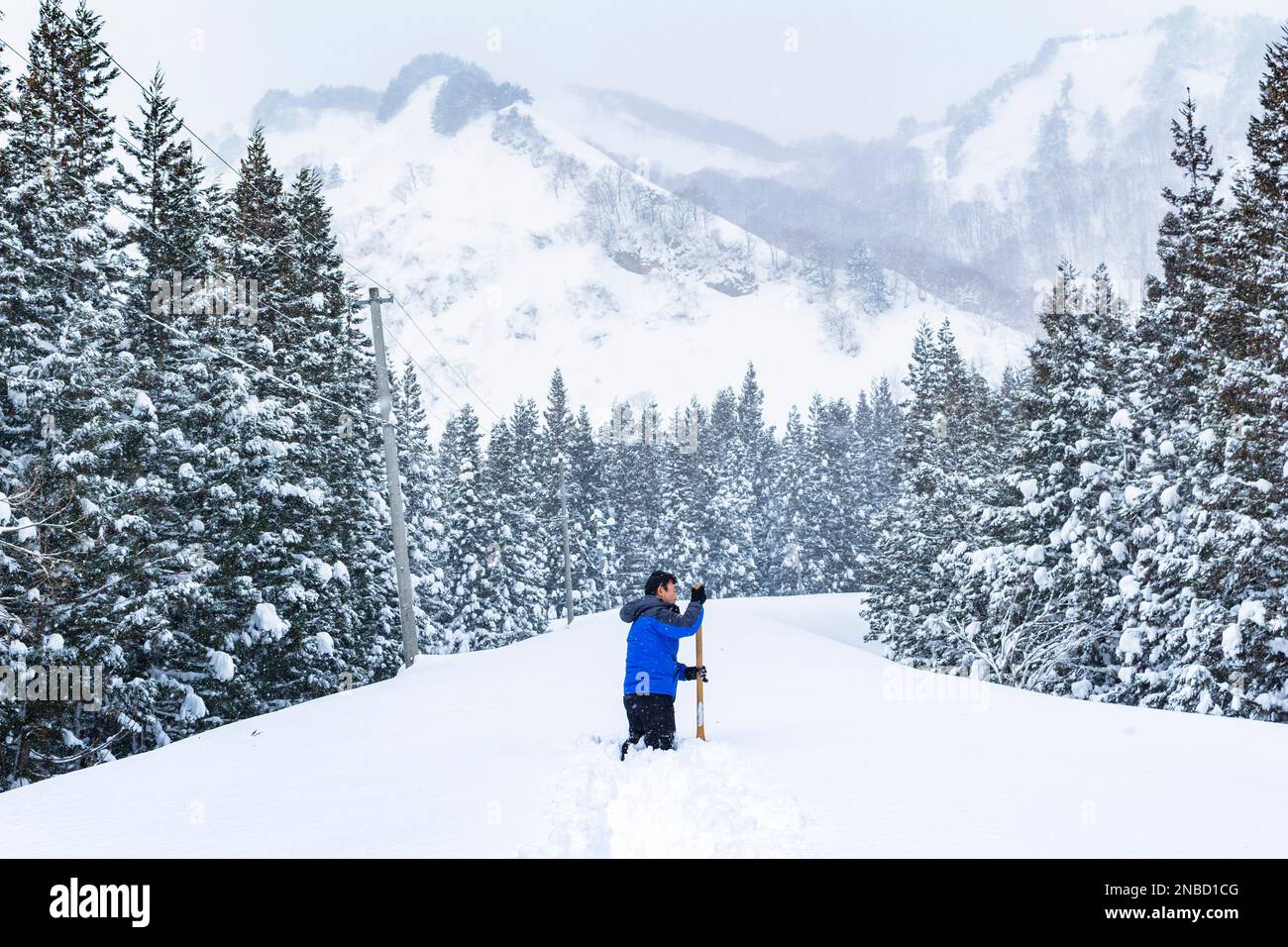 Escursione con le racchette da neve in Kanjiki (tradizionali racchette da neve giapponesi), Hijiori Onsen, villaggio di Ohkura, Yamagata, Tohoku, Giappone, Asia orientale, Asia Foto Stock