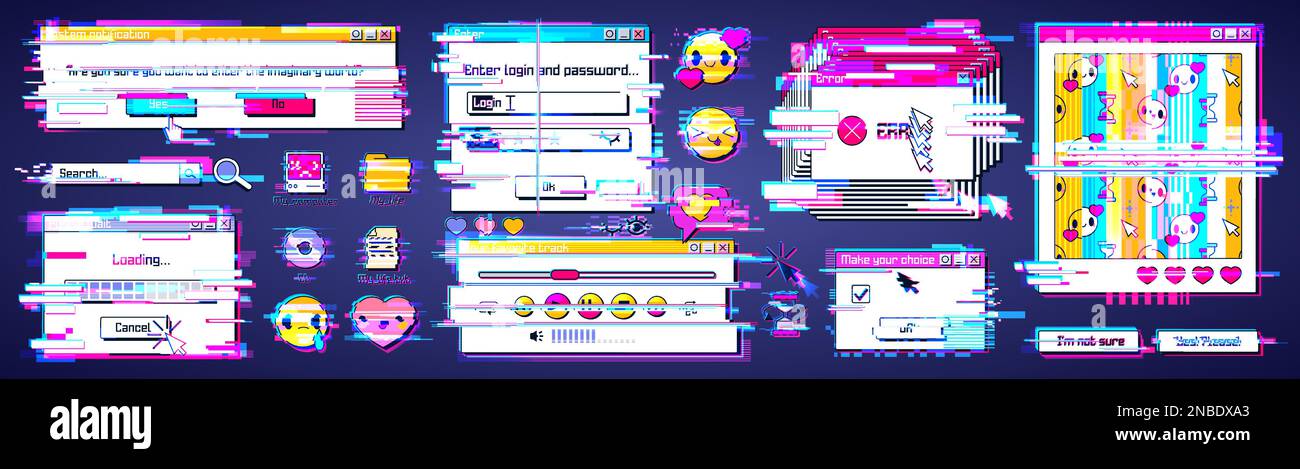 Glitch nel sistema di computer retrò. Illustrazione vettoriale delle finestre software distorte in stile 90s, avviso di errore, barra di avanzamento del caricamento, casella di login, gioco online, icone di emoji, cartelle e file sul desktop Illustrazione Vettoriale