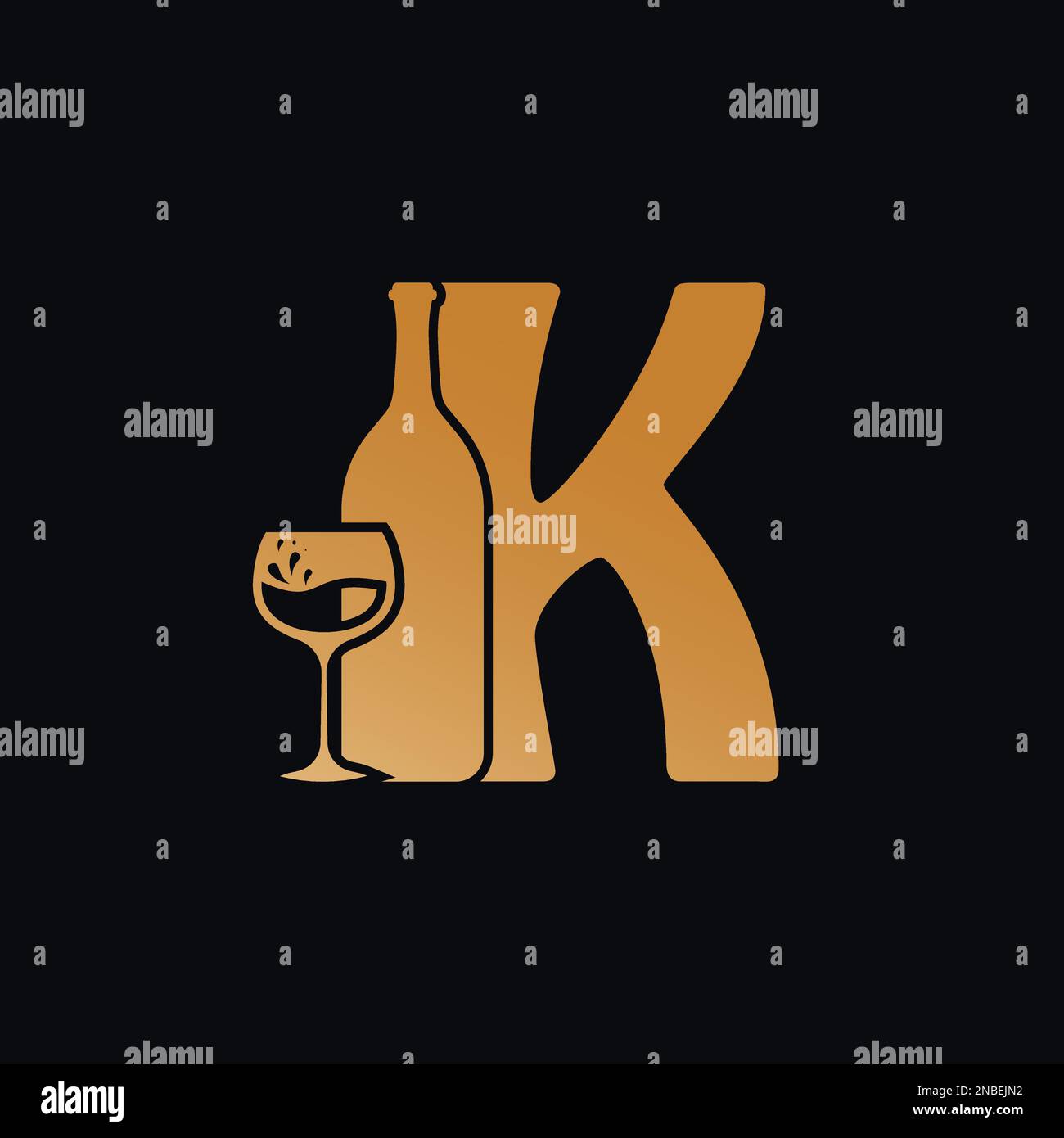 Logo lettera K con disegno della bottiglia di vino Illustrazione vettoriale su sfondo nero. Logo lettera K in vetro da vino Illustrazione Vettoriale