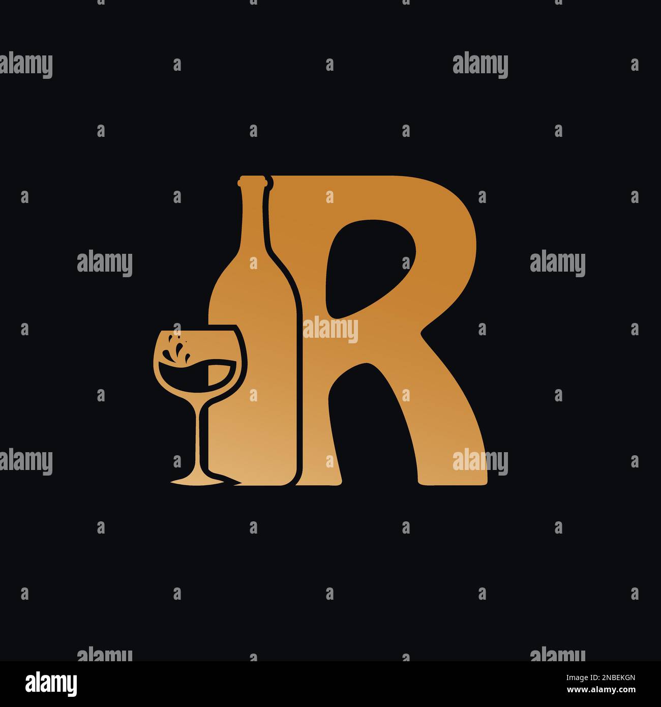 Logo lettera R con disegno della bottiglia di vino Illustrazione vettoriale su sfondo nero. Logo Letter R in vetro da vino Illustrazione Vettoriale