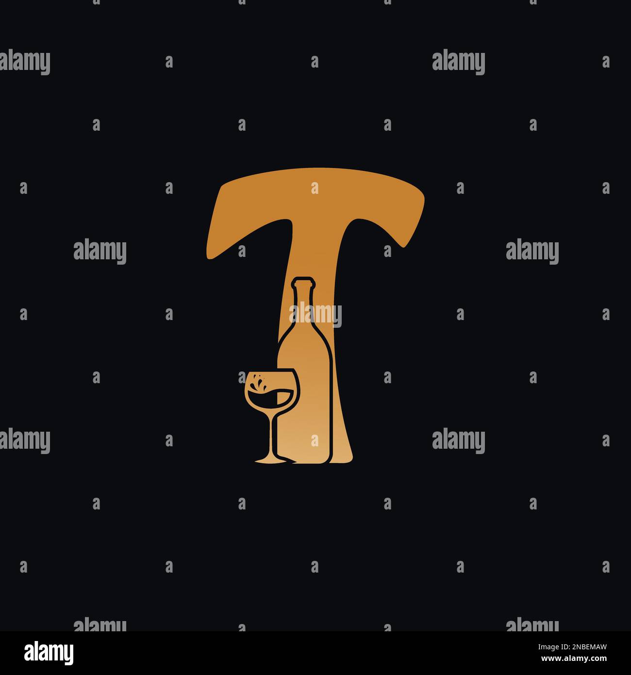 Logo lettera T con disegno della bottiglia di vino Illustrazione vettoriale su sfondo nero. Logo Letter T in vetro da vino Illustrazione Vettoriale