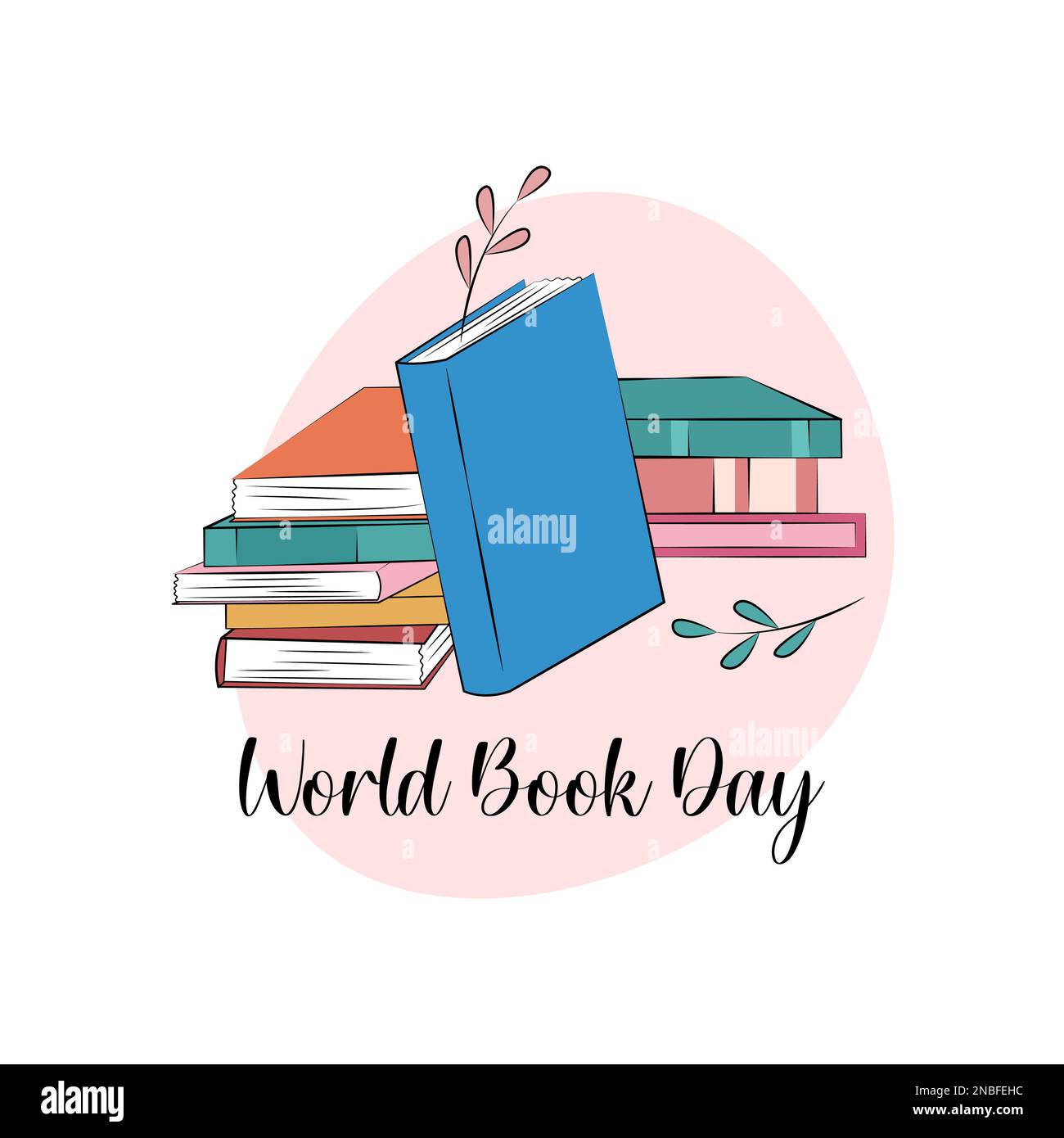 World Book Day. 23 aprile celebrazione. Composizione della pila di libri. Accogliente illustrazione vettoriale poster. Amore per la lettura concetto. Illustrazione Vettoriale