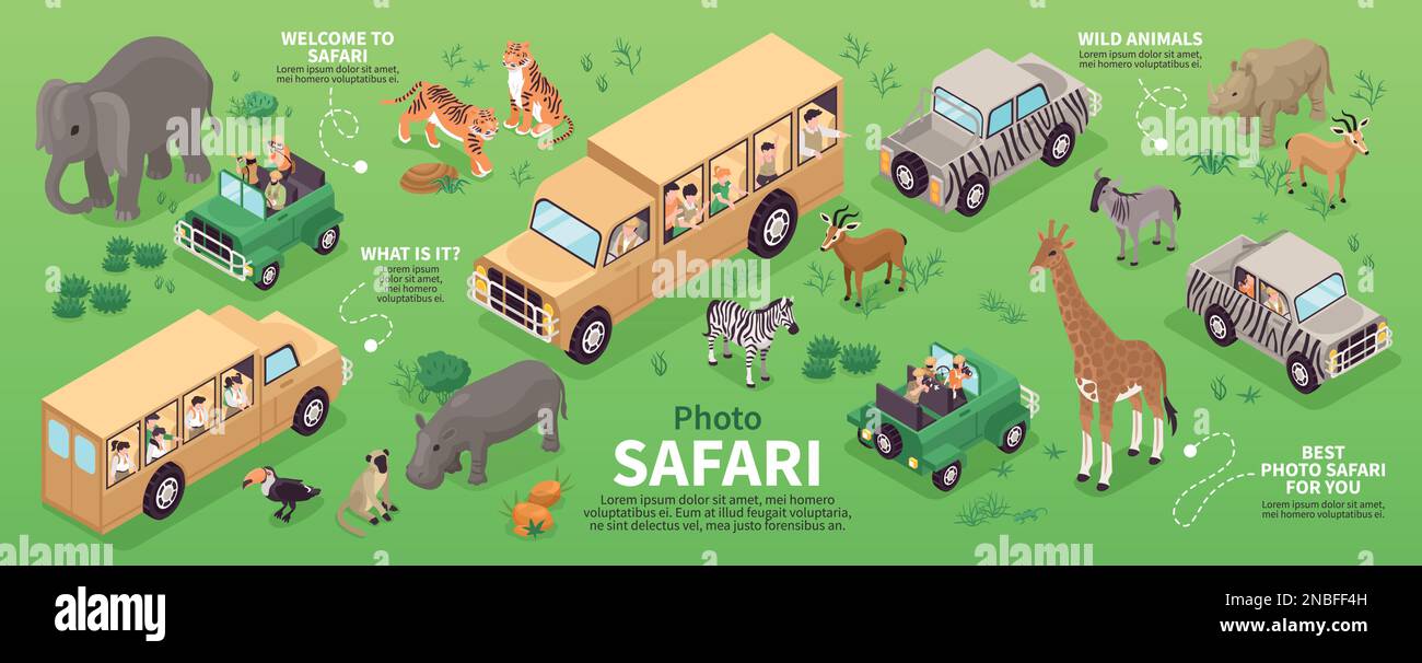 Concetto di safari fotografico isometrico con persone che viaggiano in savana selvaggio vettore illustrazione Illustrazione Vettoriale