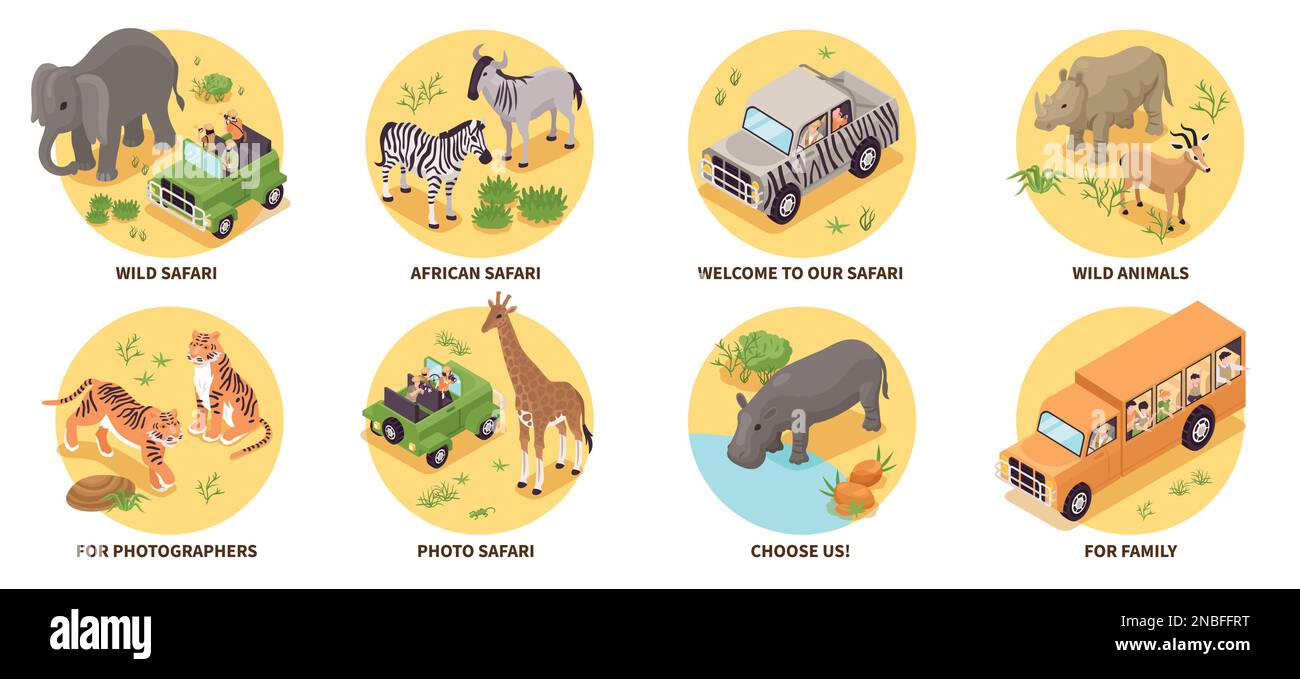 Composizioni isometriche per safari fotografici con persone che viaggiano in savana isolata illustrazione vettoriale Illustrazione Vettoriale