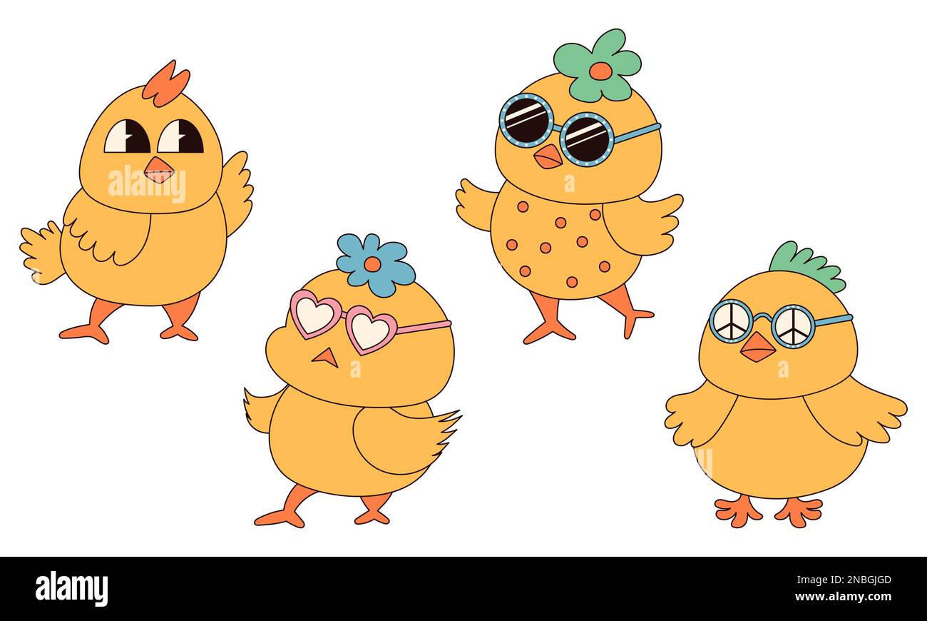Hippie groovy Happy Easter personaggi. Set di pulcini pasquali in stile cartoon retrò 60s 70s alla moda. Illustrazione Vettoriale