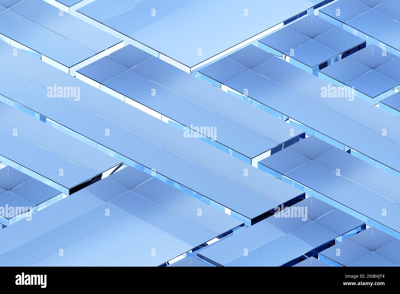 Illustrazione 3d di diverse righe di quadrati blu. Set di cubi su sfondo monocromico, pattern. Sfondo geometrico Foto Stock