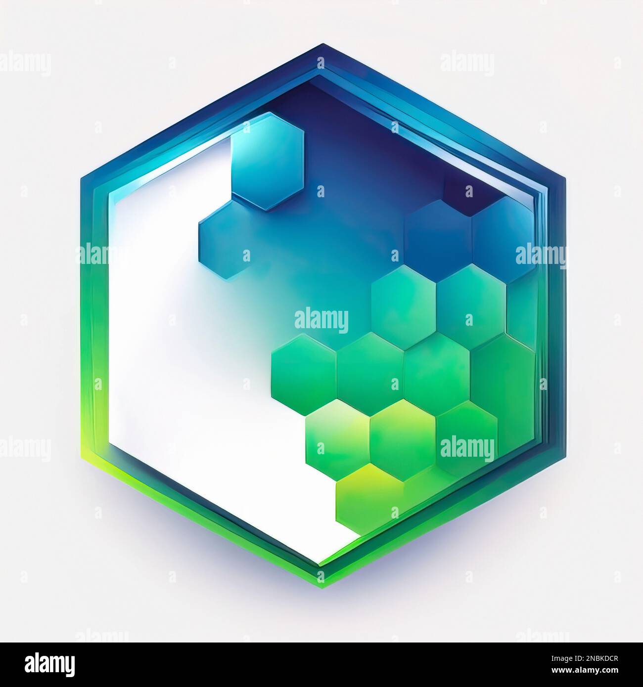un logo a gradiente geometrico esagonale, verde e blu, futuristico, sfondo bianco Foto Stock