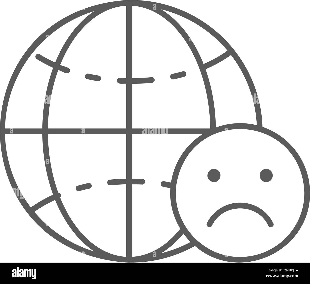 Globo terrestre con triste icona del volto lineare. Tecnologia globale, internet, design simbolo di social network. Illustrazione Vettoriale