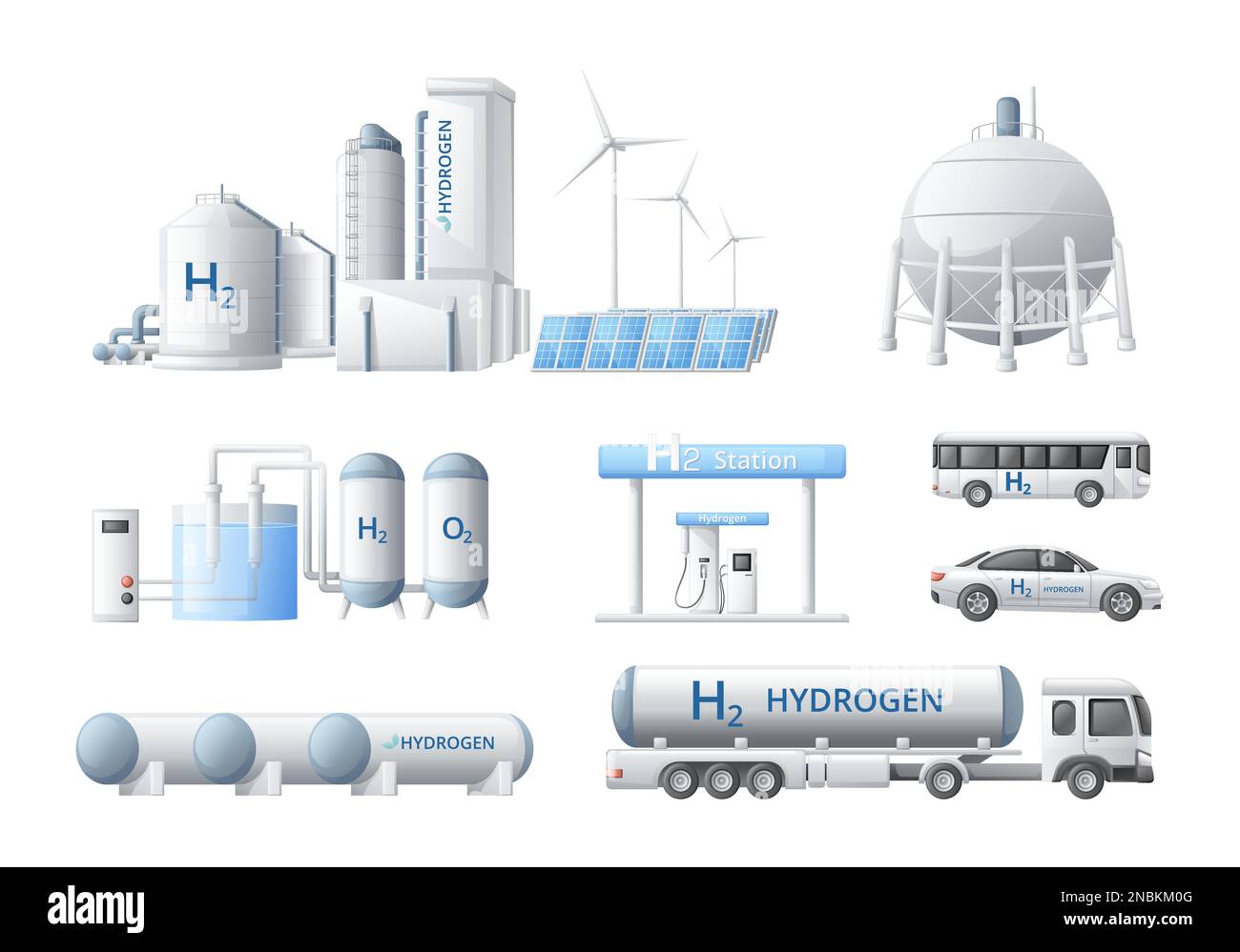 Cartoni animati per la generazione di combustibili a idrogeno verde Set di composizioni isolate con veicoli per impianti industriali e illustrazioni vettoriali per magazzini Illustrazione Vettoriale