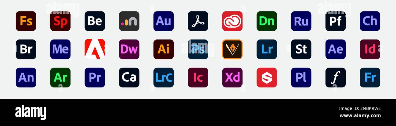 Set di icone dei prodotti Adobe. Collezione originale di logo Adobe Illustrazione Vettoriale