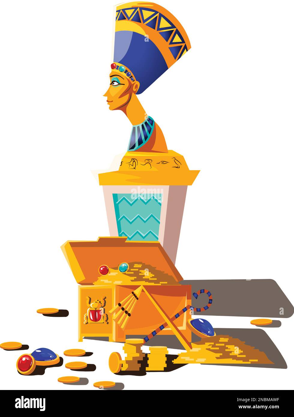 Set di cartoni animati vettoriali dell'antico Egitto. Collezione di simboli della cultura egiziana, statua di Nefertiti con geroglifi e scrigno del tesoro con monete d'oro e pietre preziose, isolato su sfondo bianco Illustrazione Vettoriale