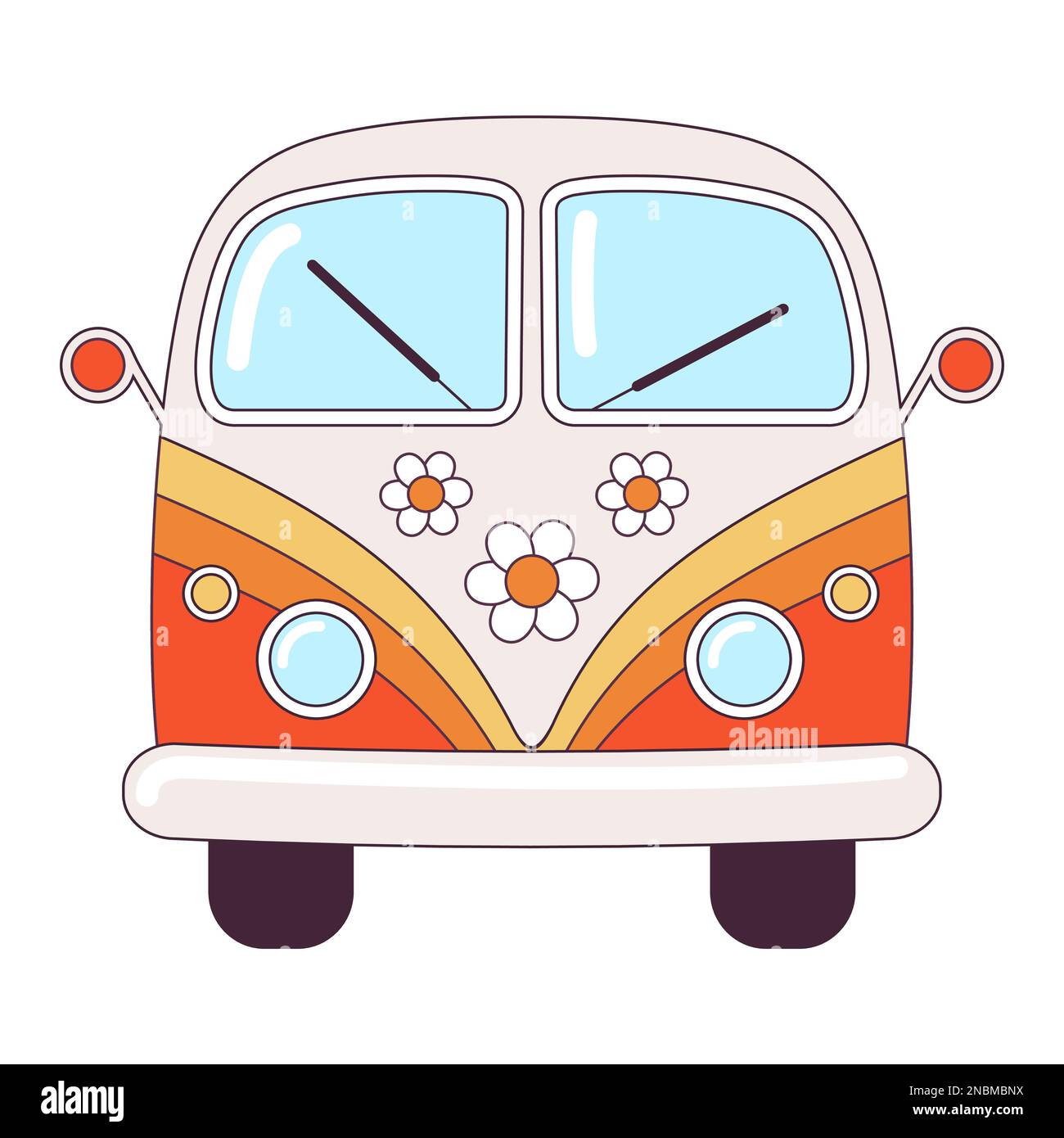 Hippie auto arancione vintage un mini van retrò bus 1960s, 60s, 70s. Groovy elemento cartoon psichedelico - illustrazione funky in stile hippie. Vettore piatto Illustrazione Vettoriale