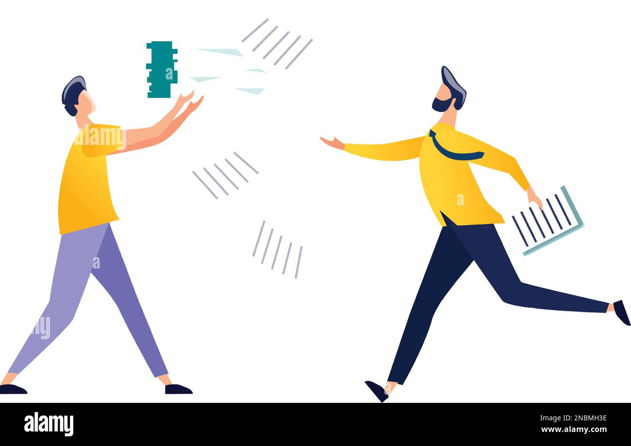 Due impiegati in fretta, i caratteri maschili corrono e provano a prendere i fogli o i documenti cadenti di carta. Concetto di scadenza, panico e stress sul luogo di lavoro Illustrazione Vettoriale