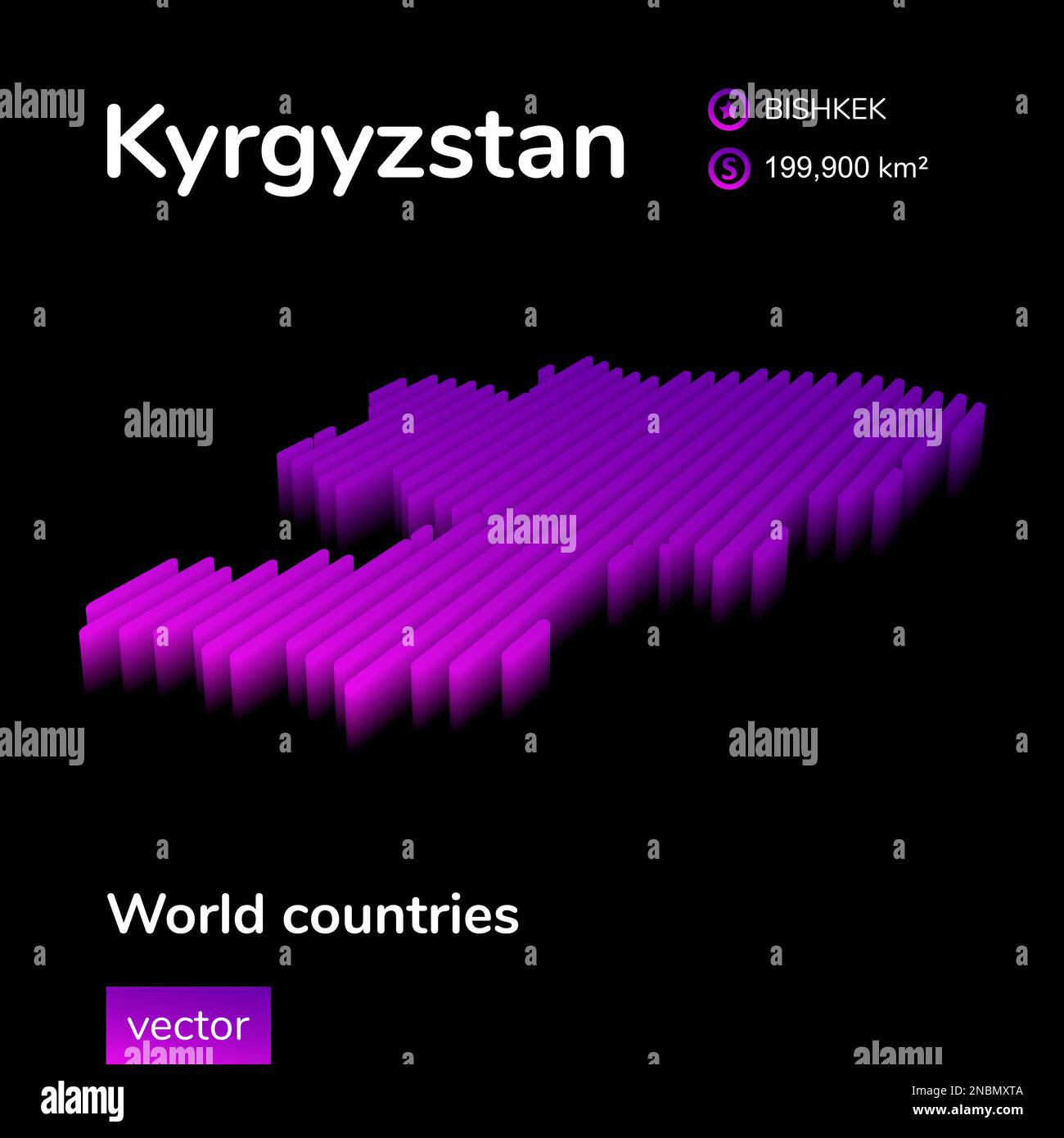 Kirghizistan 3D mappa. Neon stilizzato semplice vettore digitale isometrico a strisce Mappa del Kirghizistan è in colori viola su sfondo nero Illustrazione Vettoriale