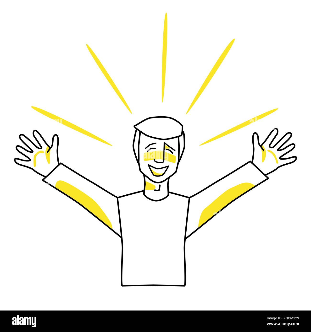 Uomo felice, emozione di felicità. Gioioso personaggio maschile, line art, disegno a mano vettore stile schizzo con macchie gialle. Illustrazione Vettoriale