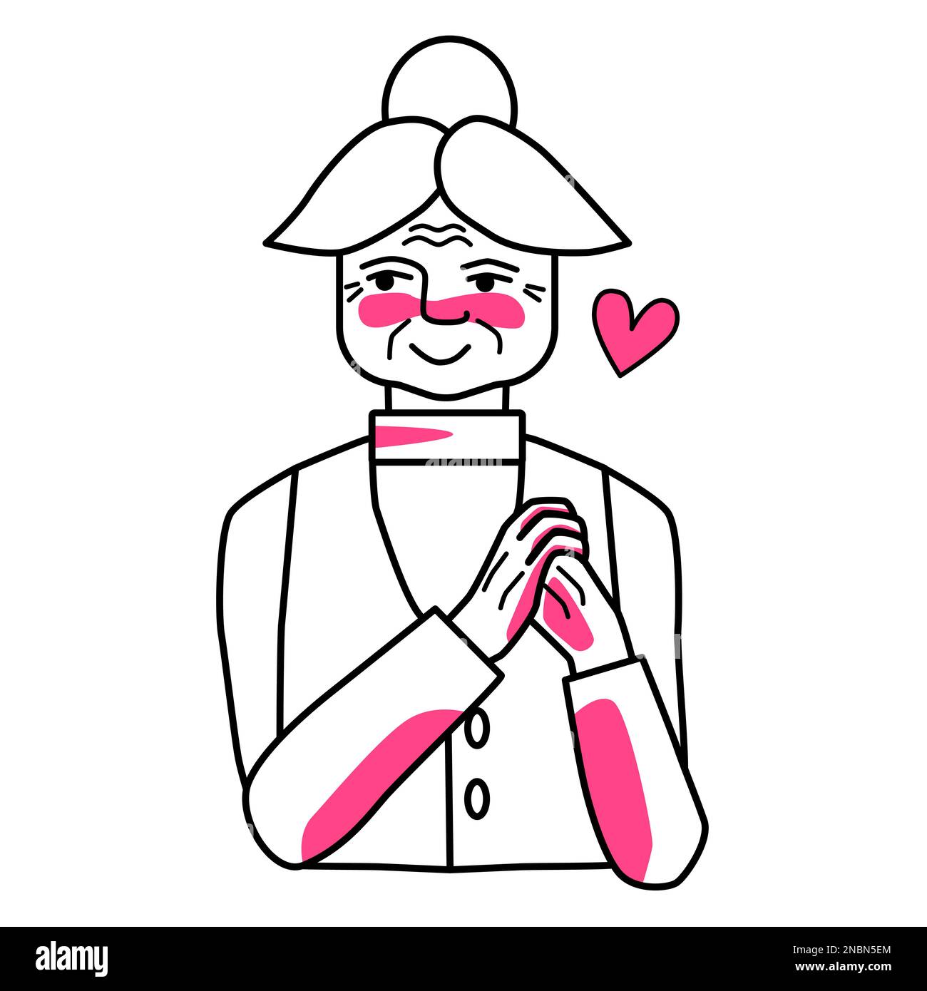 Vecchia donna innamorata, tenendo le mani. Disegno al tratto, stile di schizzo disegnato a mano con macchie rosa. Illustrazione Vettoriale