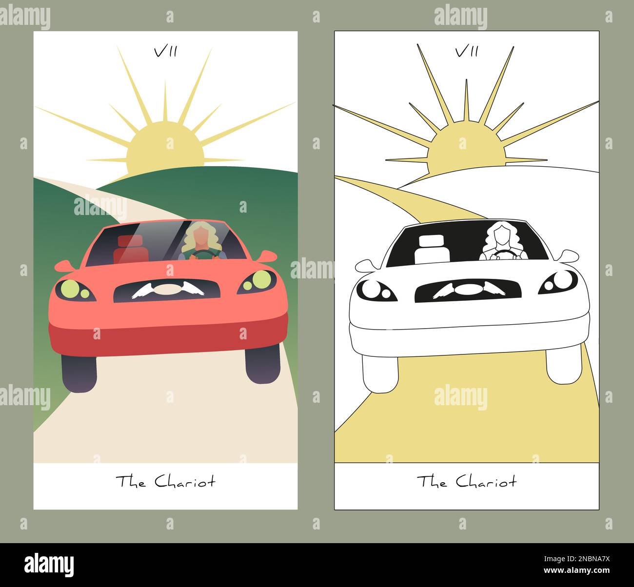 Carte Tarocchi Arcana maggiore. Design stilizzato. Il Chariot. Auto sulla strada e sole all'orizzonte. Illustrazione Vettoriale
