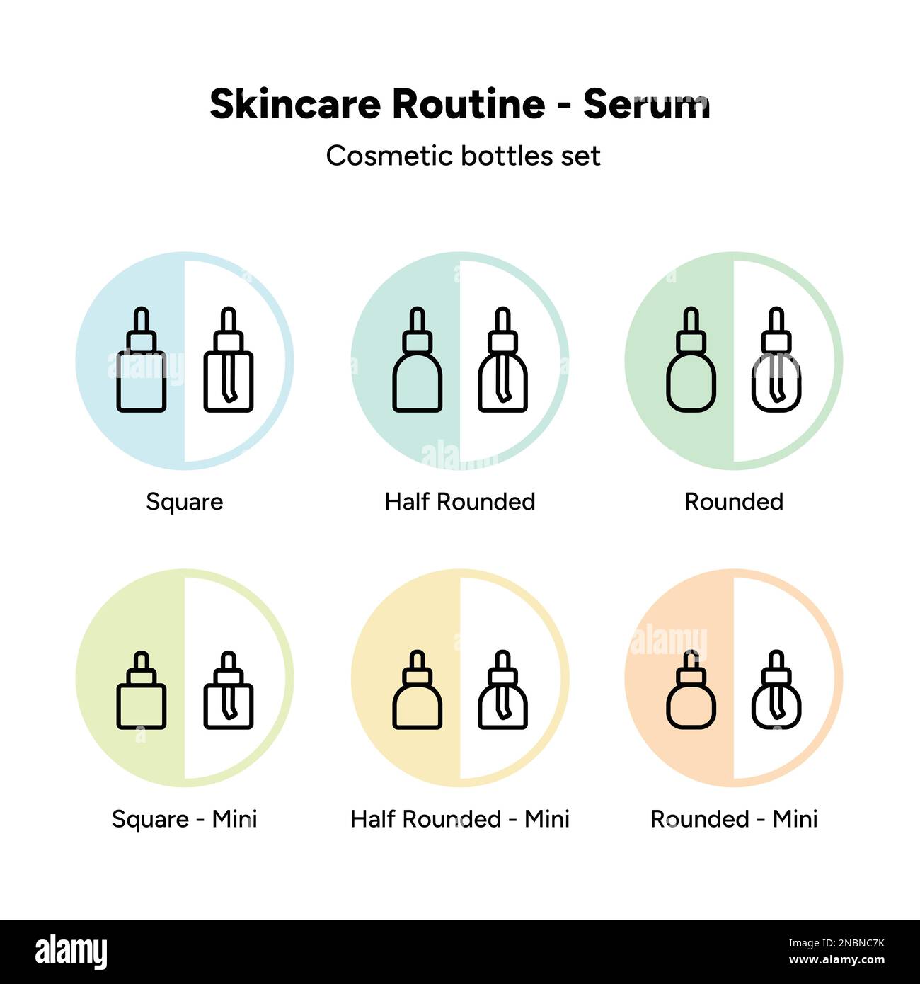 Ampolle bottiglie di siero, prodotti cosmetici di bellezza con contagocce, routine Skincare, pacchetto cosmetico icone vettoriali isolato Illustrazione Vettoriale