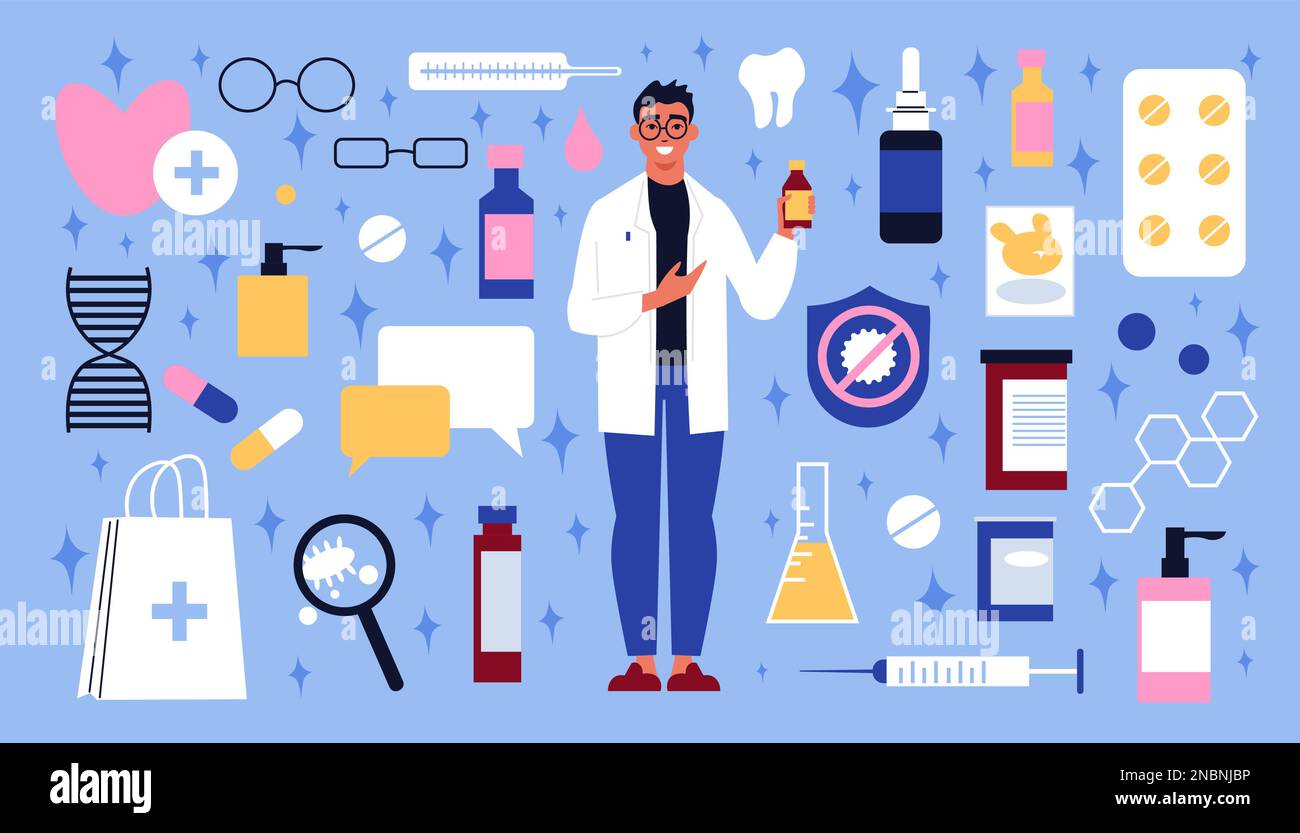 Icone piatte farmacia set con farmacista e elementi medici illustrazione vettore Illustrazione Vettoriale