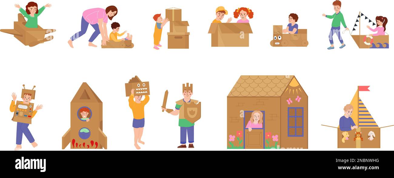Scatole di cartone icone piatte set con bambini che giocano giocattoli fai da te isolato vettore illustrazione Illustrazione Vettoriale