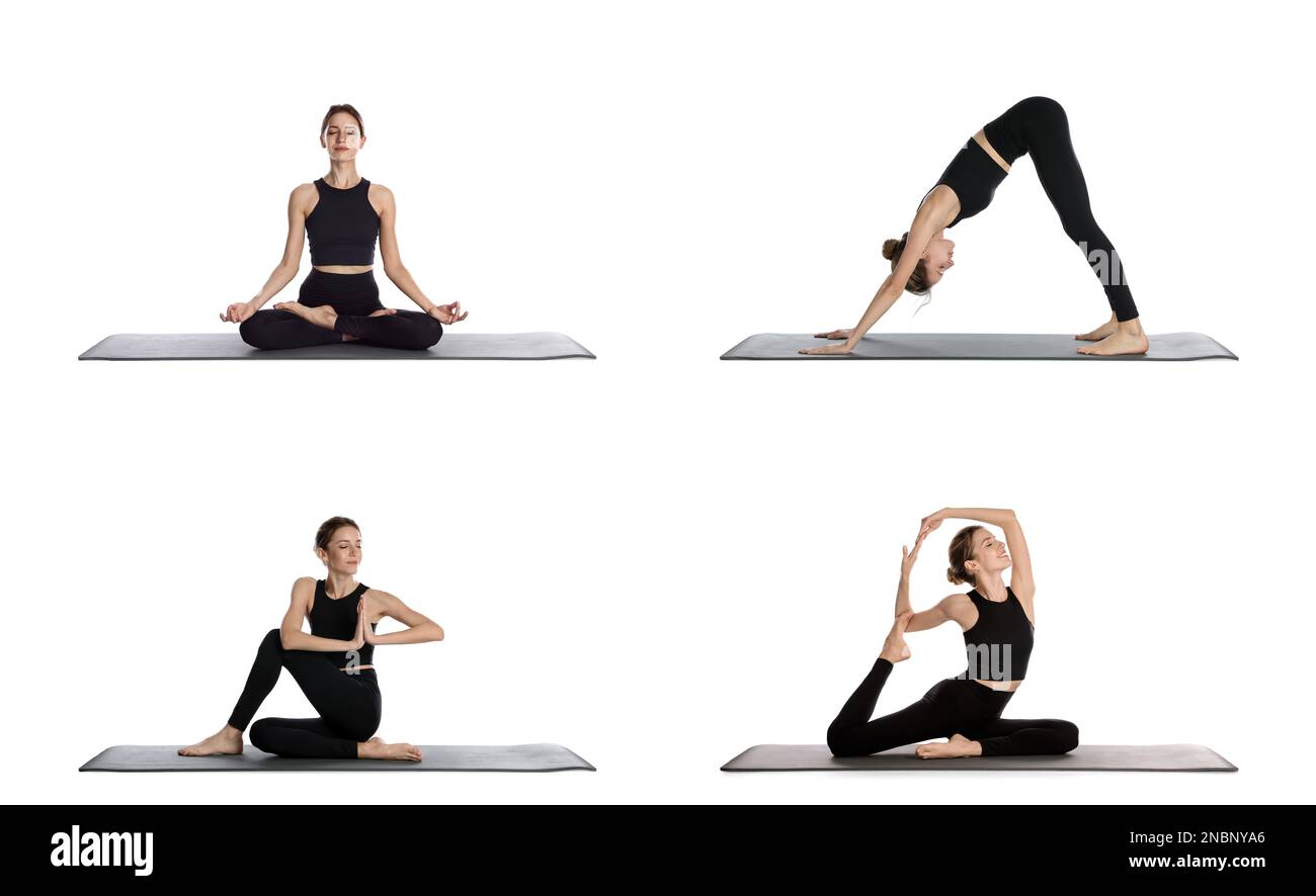 Giovane donna che pratica yoga su sfondo bianco, collage Foto Stock
