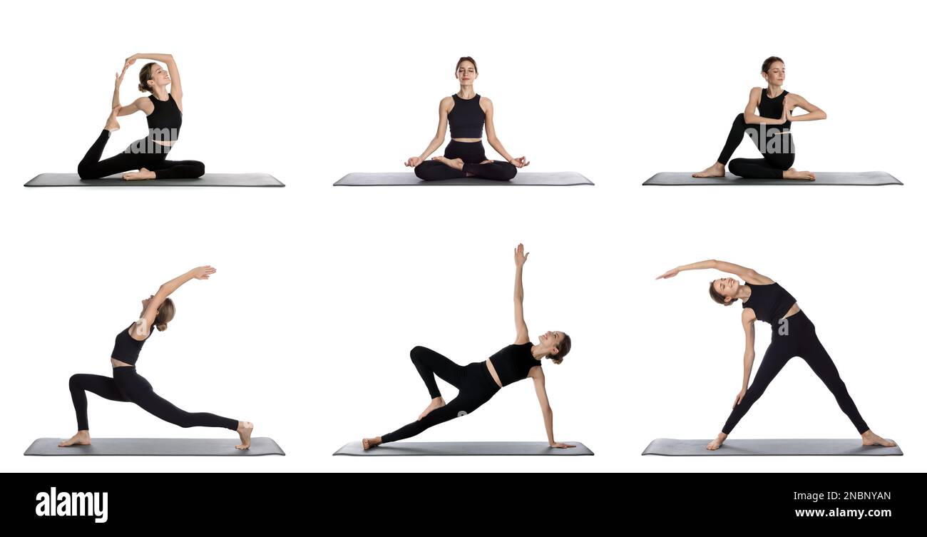 Giovane donna che pratica yoga su sfondo bianco, collage. Design del banner Foto Stock