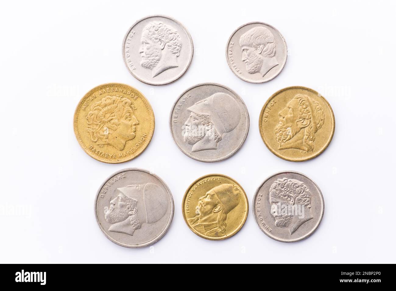 Antiche monete greche del 1980s. Soldi greci Foto Stock