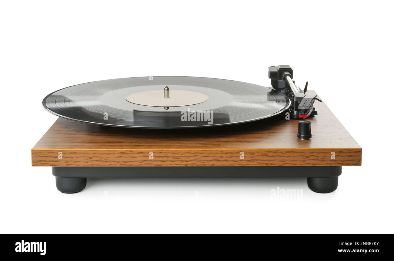 Giradischi moderno con disco in vinile isolato su bianco Foto Stock