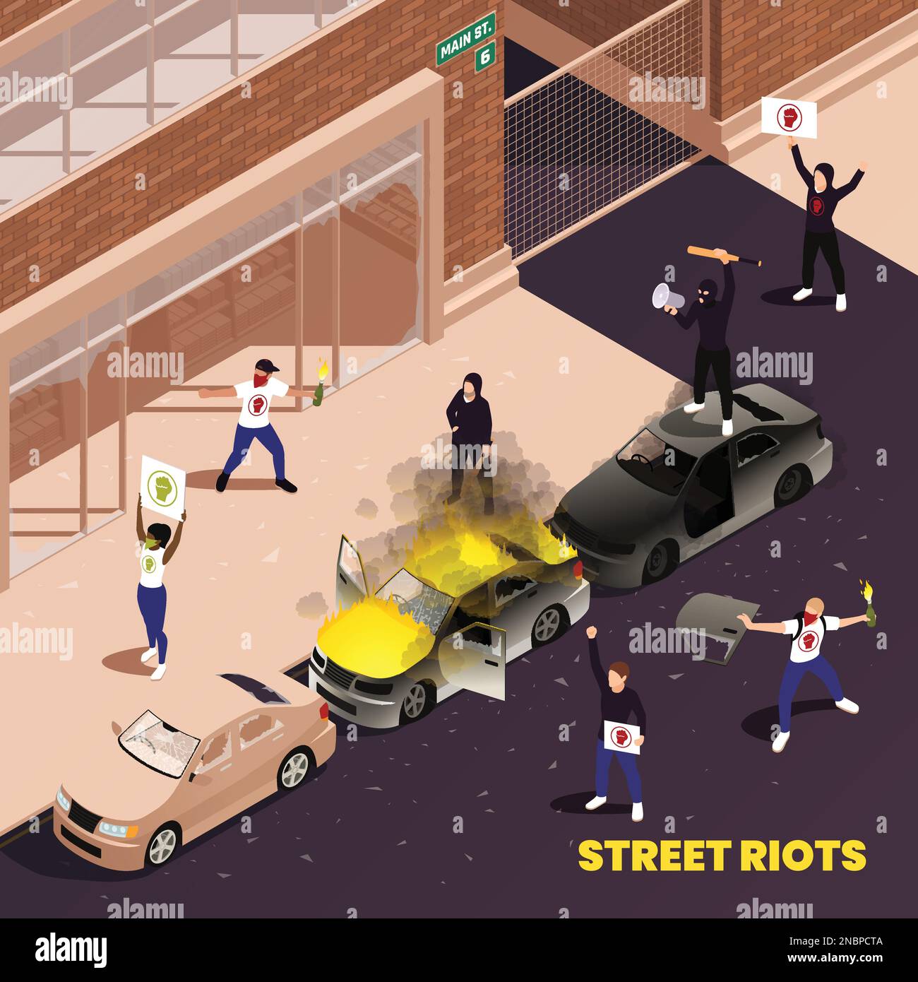 Violenza di strada sfondo isometrico con manifesti che bruciano auto e aggressivo persone in maschere nere con pipistrello e molotov cocktail v Illustrazione Vettoriale