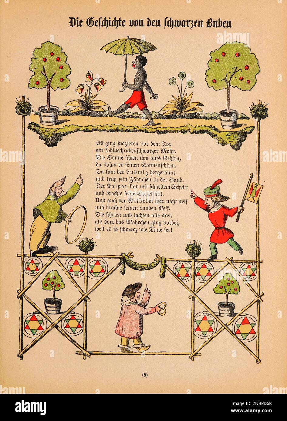Die Geschichte von den schwarzen buben - la storia dei ragazzi neri dalla versione tedesca originale del libro ' Das Struwelpeter-album : aus Bilderbüchern ' di Hoffmann, Heinrich, 1809-1894 Data di pubblicazione 1900 Editore Frankfurt am Main : Rütten & Loening [ Der Struwelpeter ('Peter zeppino' o 'Peter Shaggy') è un libro per bambini tedesco del 1845 di Heinrich Hoffmann. Comprende dieci storie illustrate e rimate, per lo più sui bambini. Ciascuno ha una morale chiara che dimostra le conseguenze disastrose di un comportamento scorretto in modo esagerato.[1] il titolo della prima storia fornisce Foto Stock