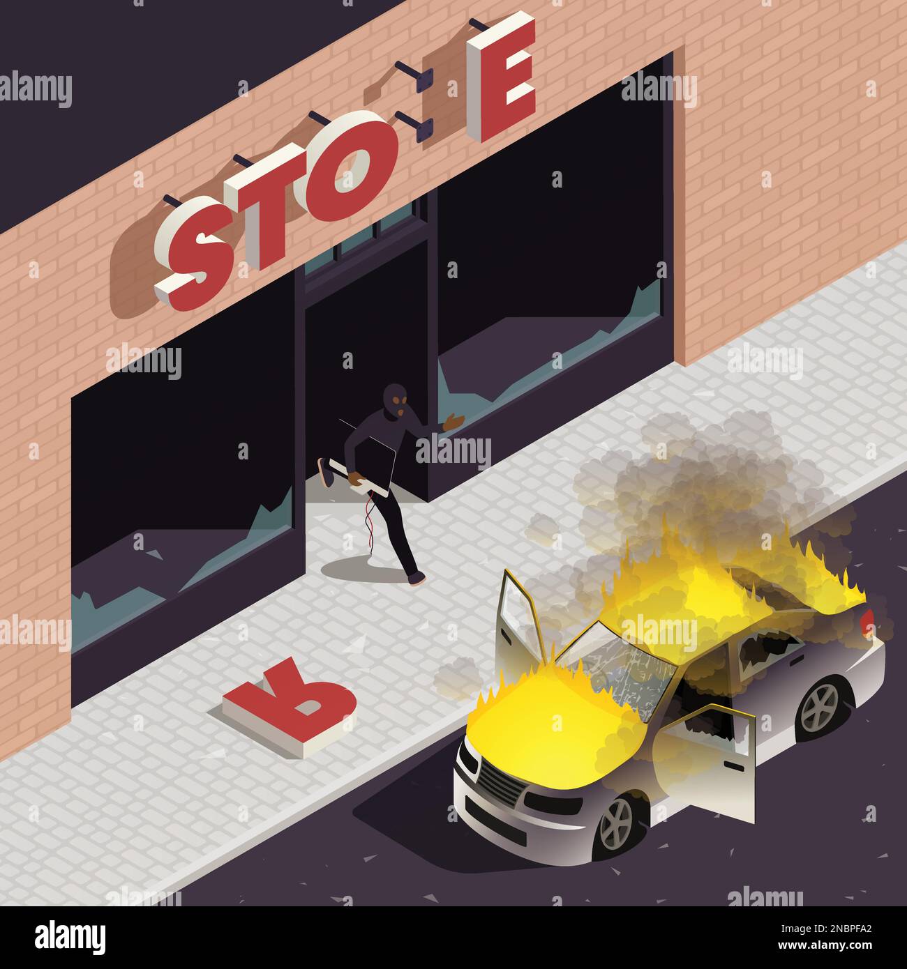 Concetto isometrico di violenza di strada con auto in fiamme e vandalo che tessa la TV dal negozio con finestre rotte vettore illustrazione Illustrazione Vettoriale
