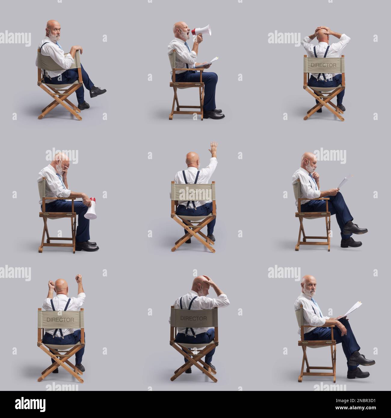 Direttore creativo seduto sulla sedia del regista, collezione di pose ed espressioni Foto Stock