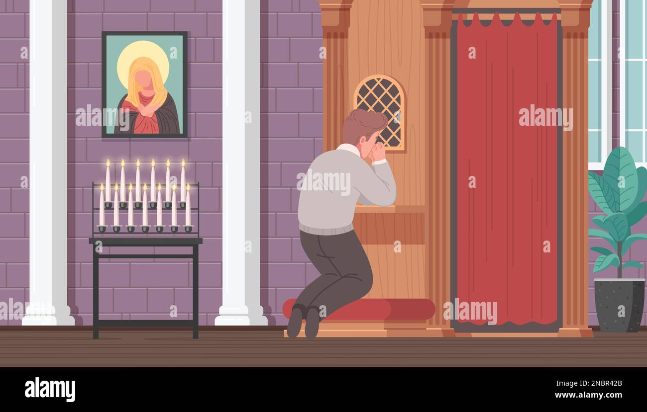 La chiesa cristiana cartone animato con l'uomo che prega in ginocchio illustrazione vettoriale Illustrazione Vettoriale