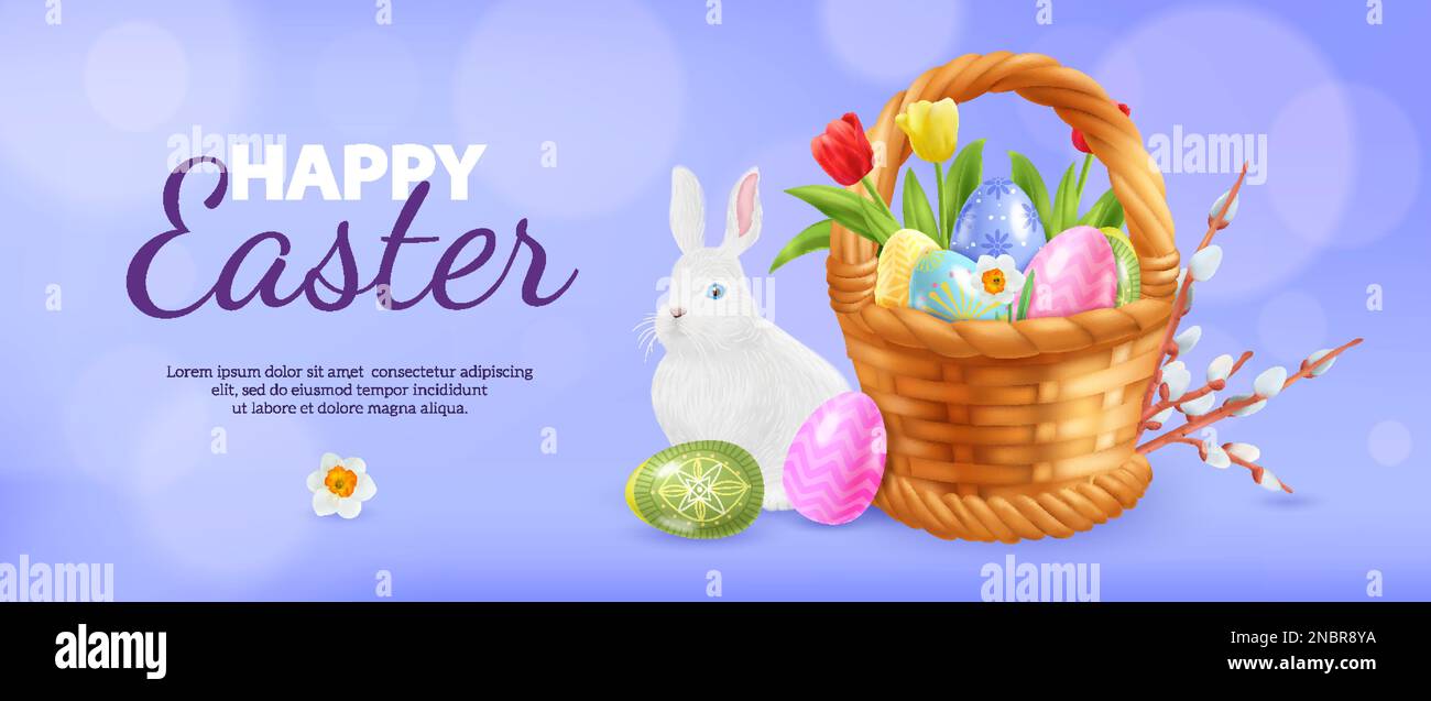 Poster di pasqua realistico con composizione orizzontale di testo ornato modificabile e fiori e uova in illustrazione vettore cestino Illustrazione Vettoriale