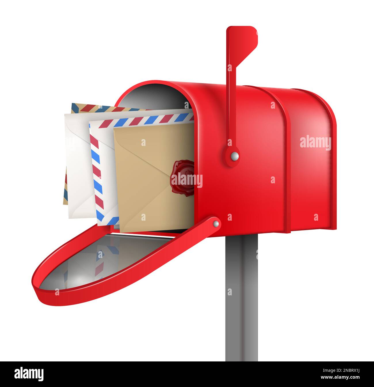 Composizione realistica della casella postale rossa con quattro buste con lettere all'interno su sfondo bianco Illustrazione Vettoriale