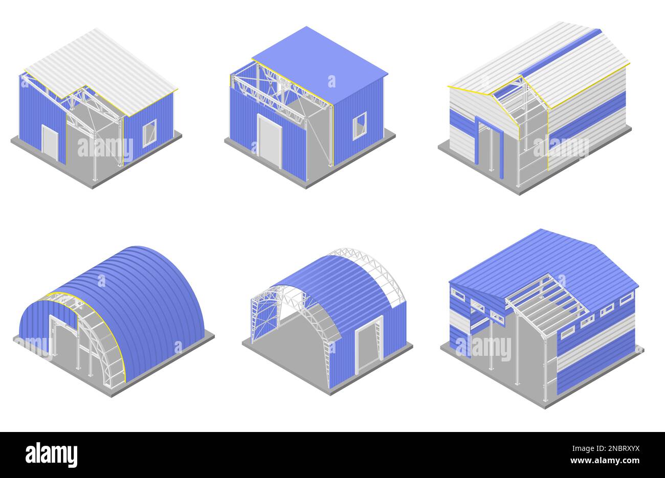 Icone per costruzioni metalliche con simboli per edifici industriali in acciaio, illustrazione vettoriale isolata isometrica Illustrazione Vettoriale