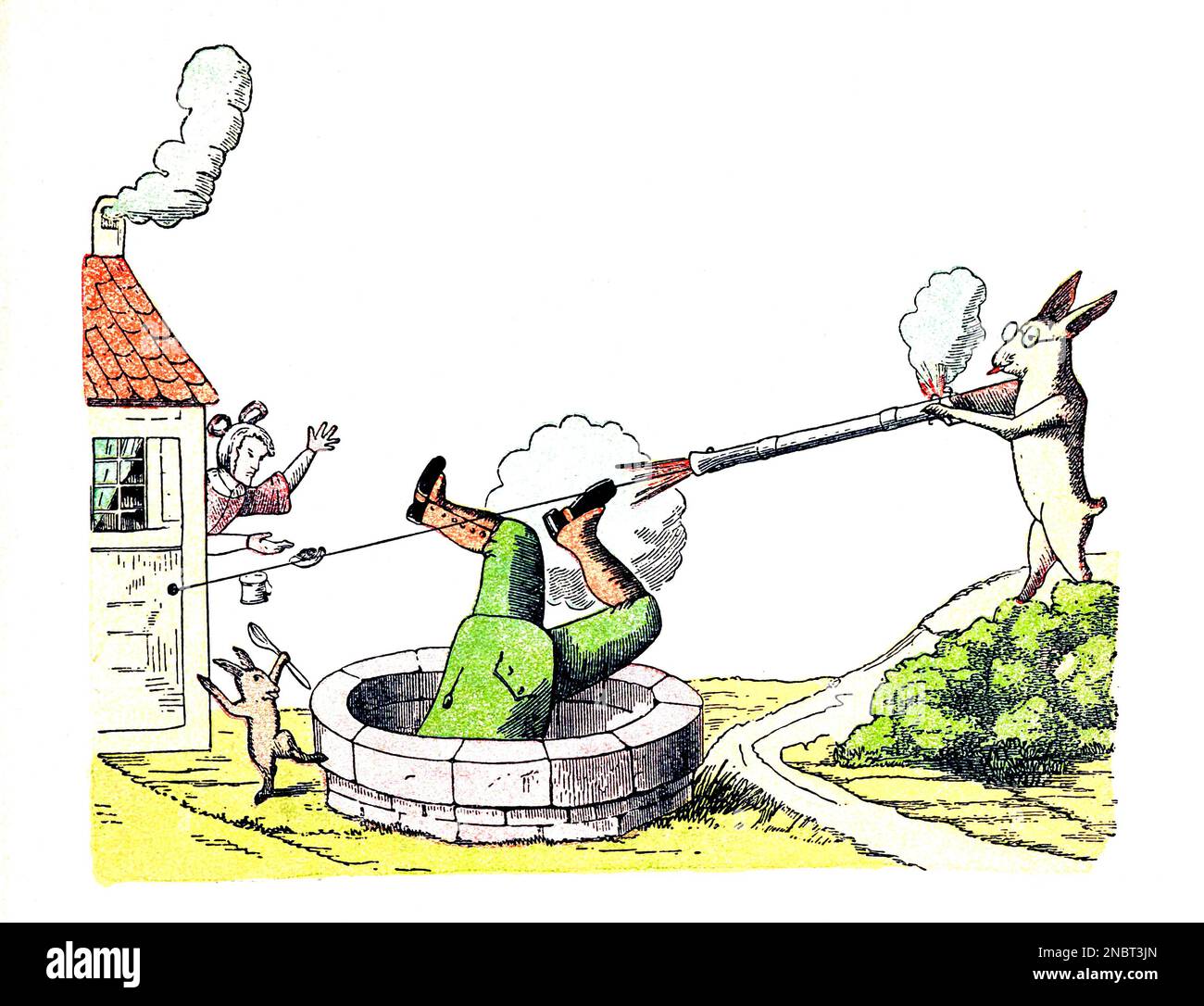 Die Geschichte vom wilden Jäger - The tale of the Wild Hunter from the original German Version of the book ' Das Struwelpeter-album : aus Bilderbüchern ' by Hoffmann, Heinrich, 1809-1894 Data di pubblicazione 1900 Editore Frankfurt am Main : Rütten & Loening [ Der Struwelpeter ('Peter zeppino' o 'Peter Shaggy') è un libro per bambini tedesco del 1845 di Heinrich Hoffmann. Comprende dieci storie illustrate e rimate, per lo più sui bambini. Ciascuno ha una morale chiara che dimostra le conseguenze disastrose di un comportamento scorretto in modo esagerato.[1] il titolo della prima storia fornisce il ti Foto Stock