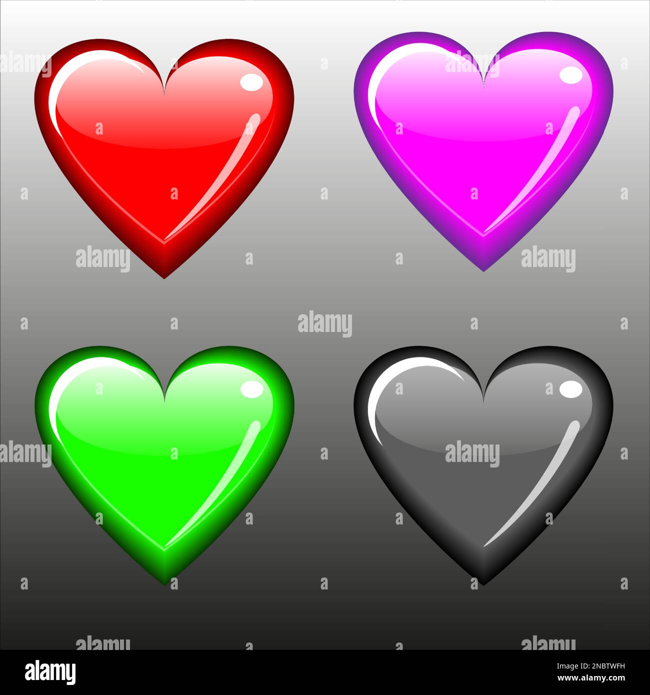 illustrazione astratta dei cuori brillanti in rosso, viola, verde e nero - insieme di icone vettoriali Illustrazione Vettoriale