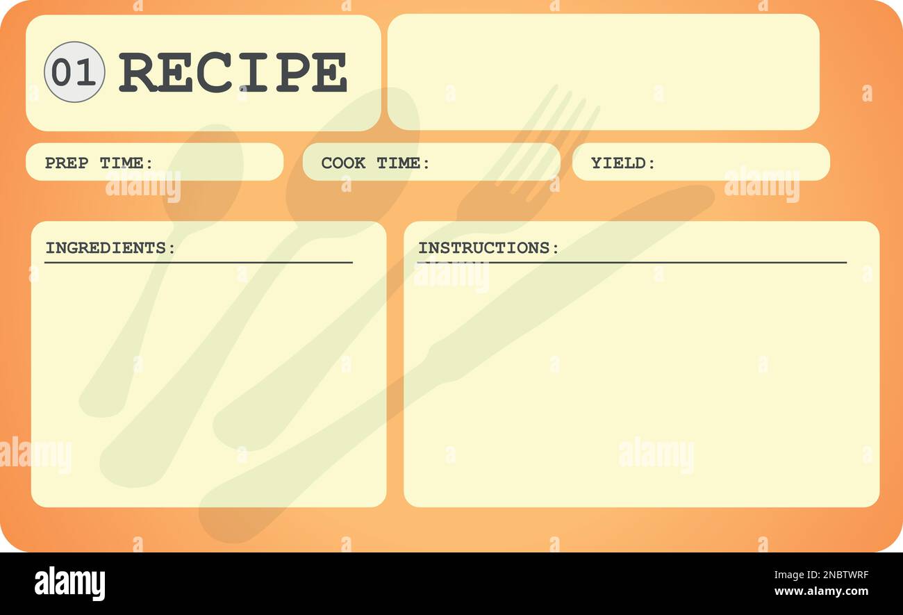 Scheda ricetta vuota decorata con posate da tavola. Modello di note da cucina color oro. Illustrazione vettoriale Illustrazione Vettoriale