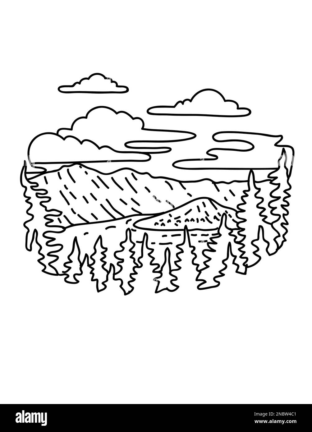 Illustrazione in monocromia del Parco Nazionale del Crater Lake nelle Cascade Mountains dell'Oregon meridionale in stile disegno a linee monoline. Foto Stock