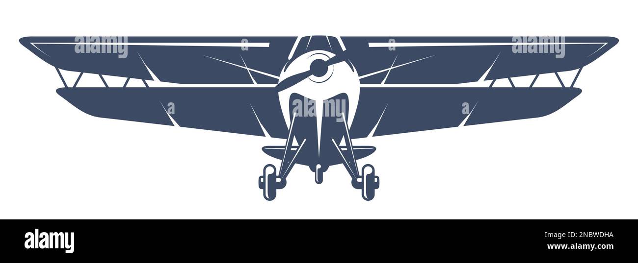 Emblema per aviazione leggera con biplano, velivolo vintage con doppia ala, logo vista frontale velivolo ad elica, vettore Illustrazione Vettoriale