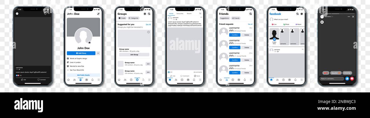 Set di iPhone blu con cornice modello Facebook per social network su sfondo trasparente Illustrazione Vettoriale