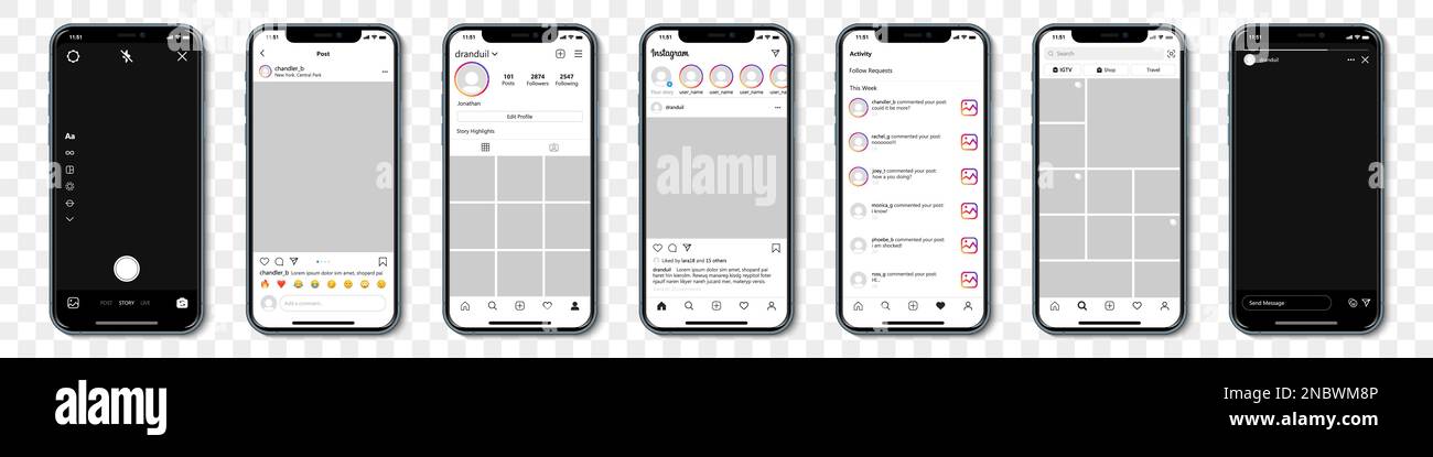 Set di iPhone blu con cornice modello Instagram per social network su sfondo trasparente Illustrazione Vettoriale