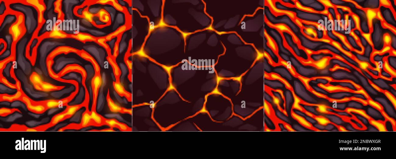 Texture di lava, magma e pietre. Modelli senza cuciture della superficie rocciosa del vulcano con crepe e flussi di lava liquida fusa calda nella vista dall'alto, carrello vettoriale Illustrazione Vettoriale