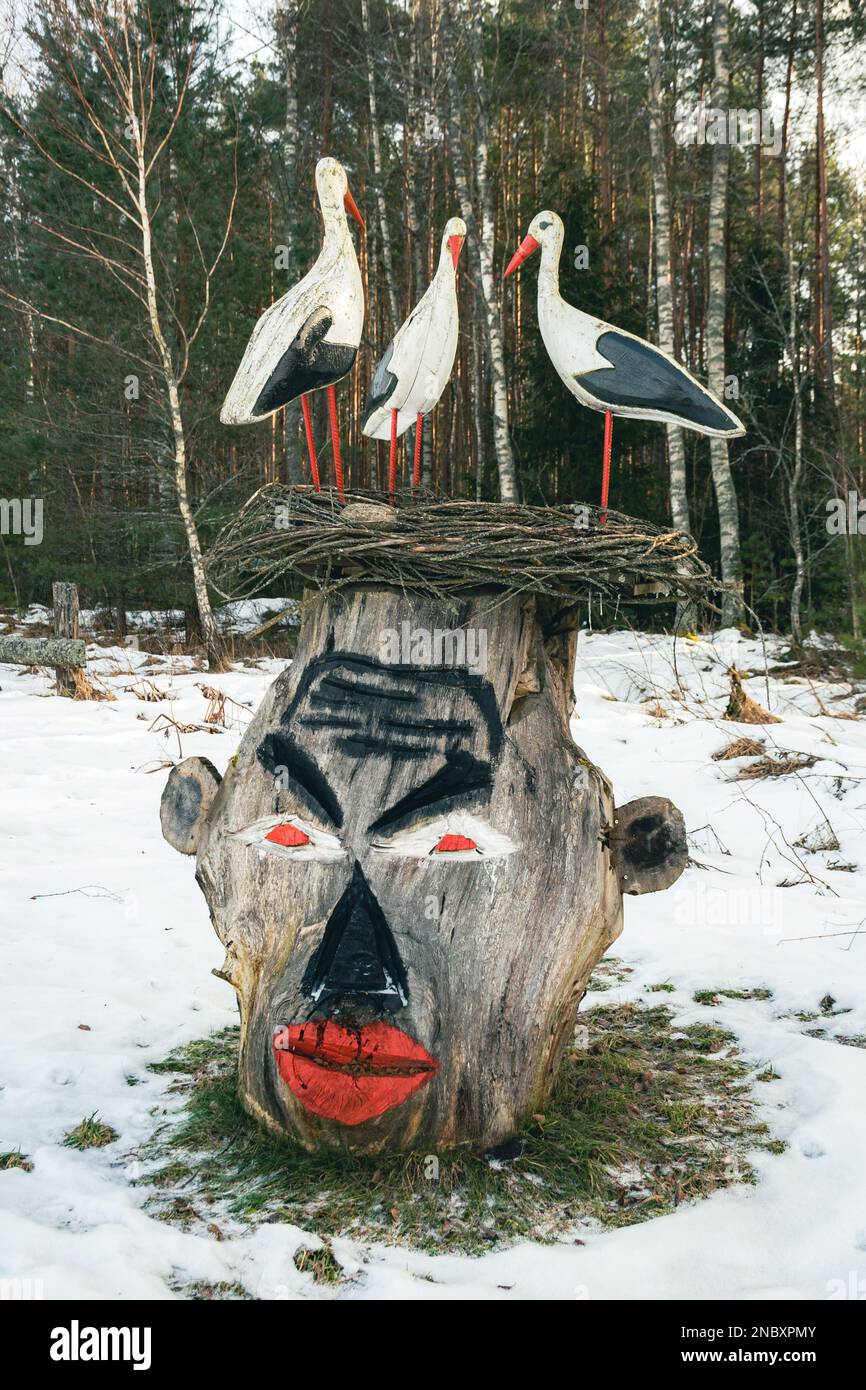 Bella scultura in legno con tre cicogne nel nido e maschera indigena scolpita in un tronco nel villaggio di Margionys, Dzūkija o Dainava regione Foto Stock