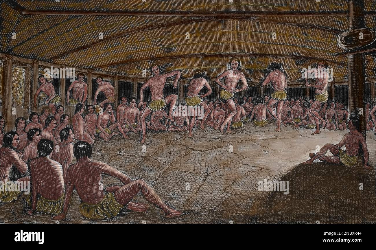 Popoli di Chinookan. Dimora del Chinook. Incisione, 19th ° secolo. Foto Stock