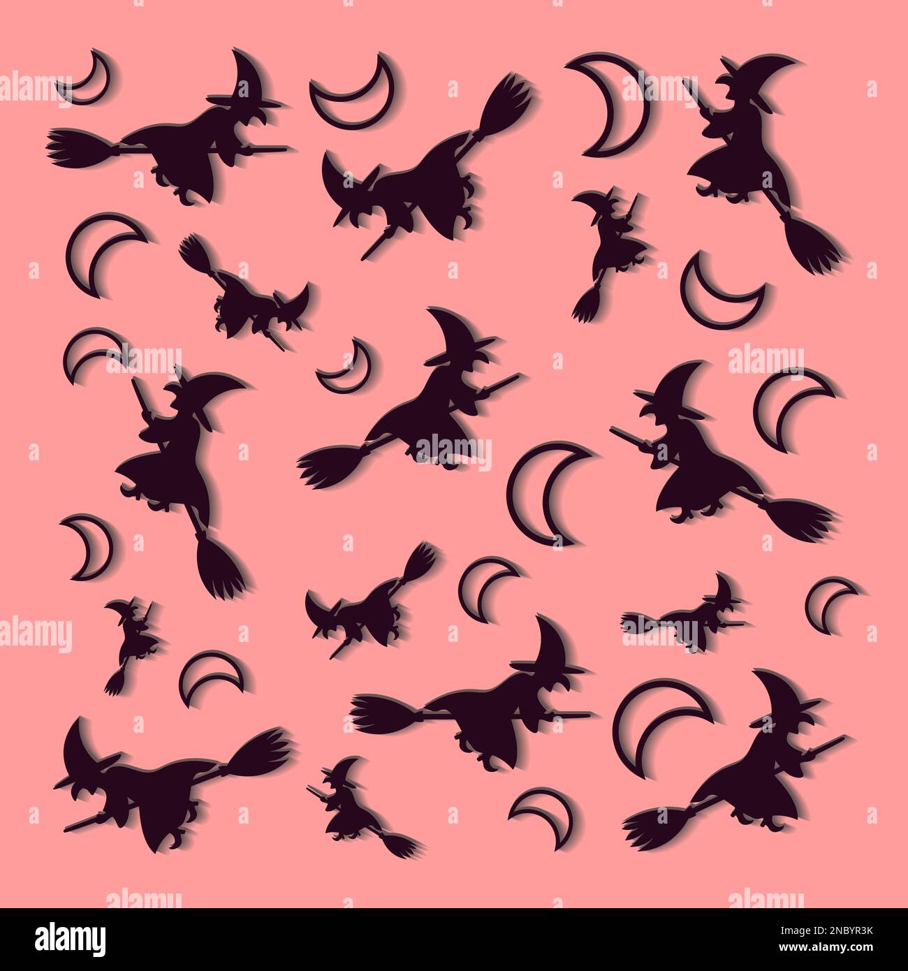 Motivo di Halloween con luna e streghe volanti su sfondo rosa Illustrazione Vettoriale